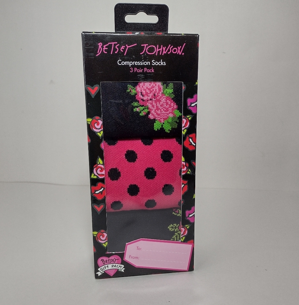 Betsey Johnson Pink & Black Polka Dot and Floral Compression Socks - 3 Pack
